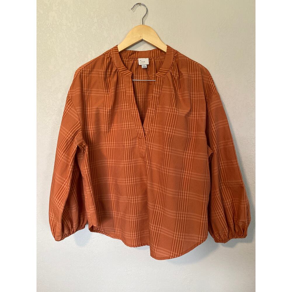 A New Day Women's Long Sleeve Popover Blouse SZ L Rust Plaid